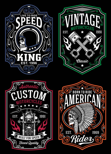 oldtimer motorrad t-shirt graphische sammlung - motorradfahrer stock-grafiken, -clipart, -cartoons und -symbole