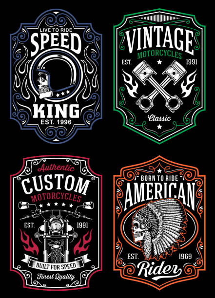 ilustraciones, imágenes clip art, dibujos animados e iconos de stock de motocicleta vintage camiseta colección gráfica - motociclista