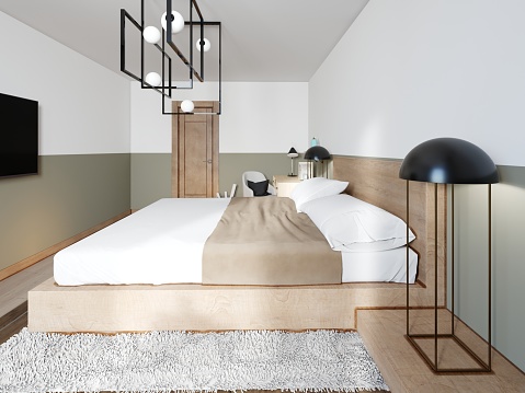A modern wooden bed on a two-stage wooden catwalk with lighting, a bedroom in a loft style. 3d rendering