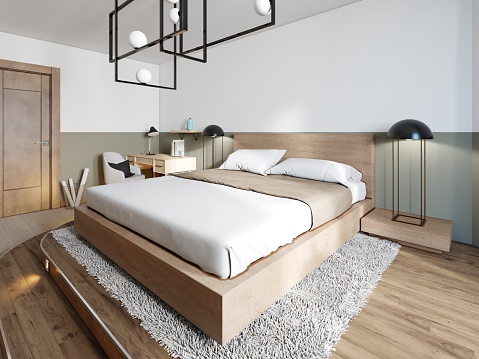 A modern wooden bed on a two-stage wooden catwalk with lighting, a bedroom in a loft style. 3d rendering