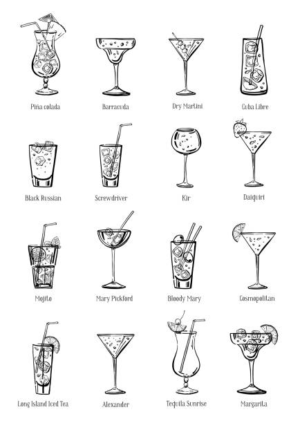 klassische cocktails festgelegt. sechzehn getränke sammlung. skizze umriss handgezeichnete vektorgrafik isoliert auf weißem hintergrund - coctail glass stock-grafiken, -clipart, -cartoons und -symbole