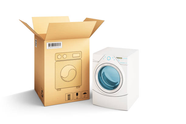 Cardboard box package and washing machine isolated on white