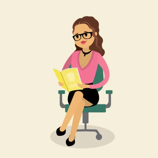 Vector illustration of Caucasian blonde woman is sitting on a chair and reading a magaz