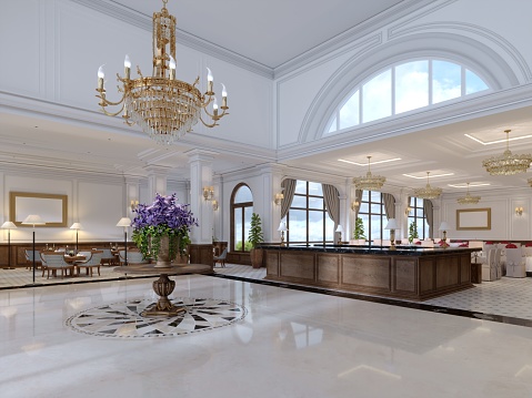 luxury entrance in classic hotel with a large bouquet of flowers and a large golden chandelier. 3d rendering