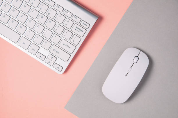 istock Keyboard and mouse on a pale gray-pink background 1087487090