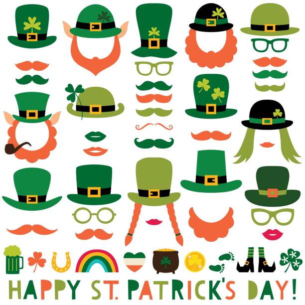 St. Patrick’s Day vector party props (hats, lips, mustaches) St. Patrick’s Day vector party props (hats, lips, mustaches) leprechaun hat stock illustrations
