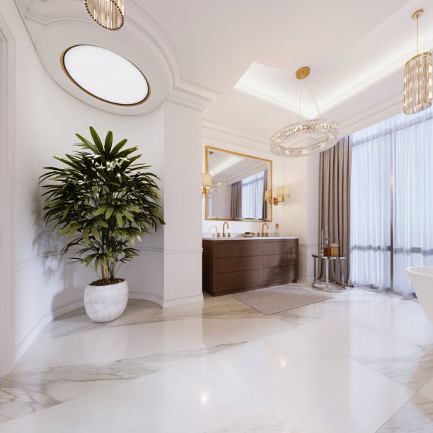 istock Luxurious bathroom with vanity and plant in a marble pot. 1087492294