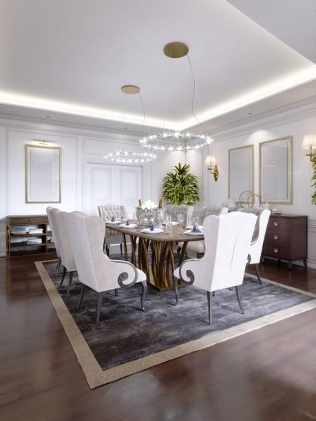 istock Luxurious dining room with a large table and soft chairs in a classic apartment. 1087497204