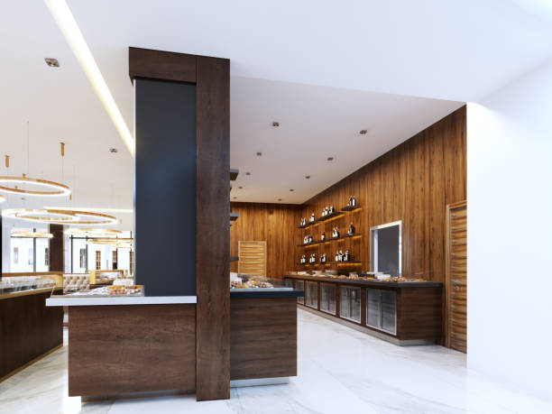 istock Buffet modern restaurant in contemporary style. cold cabinets and decorative shelves with bottles. Restaurant design. 1087497406