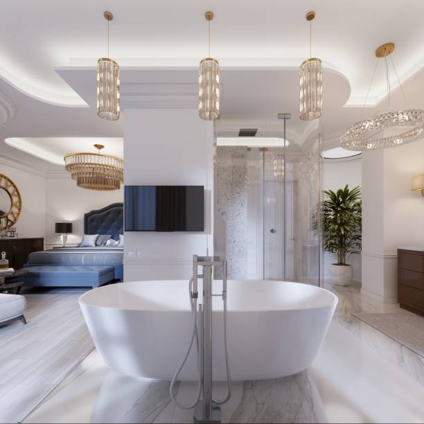 istock Design apartment with open space bedrooms and bathrooms in a modern style. 1087498704