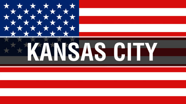 канзас-сити город на сша фоне флага, 3d рендеринга. флаг соединенных штатов америки развевается на ветру. гордый американский флаг размахива - kansas city missouri stock illustrations