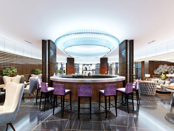 istock Luxurious bar set with purple bar stools and white marble worktop. Large blue chandelier with neon lights. Modern interior design of the bar. 1087502874