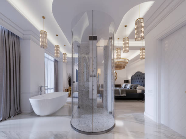 Modern open bathroom in guest room with bath and shower. Modern open bathroom in guest room with bath and shower. 3d rendering. guest bathroom stock pictures, royalty-free photos & images