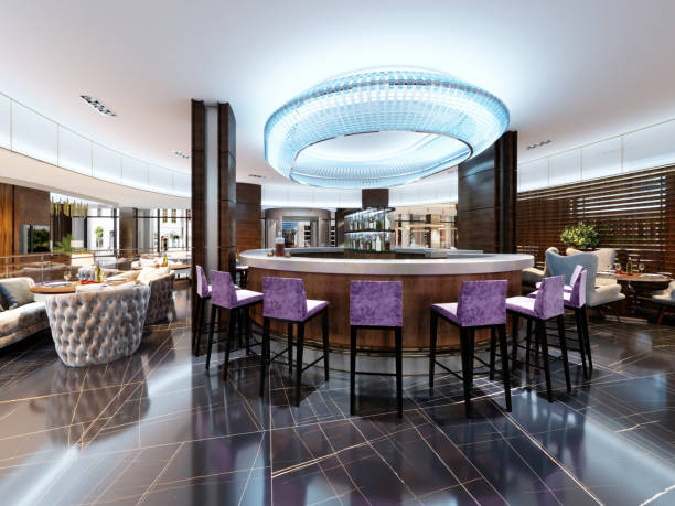 istock Luxurious bar set with purple bar stools and white marble worktop. Large blue chandelier with neon lights. Modern interior design of the bar. 1087506604