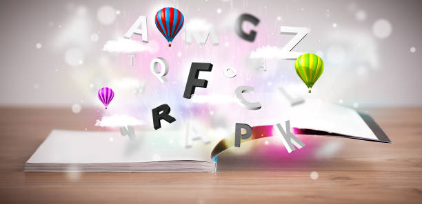 istock Open book with flying 3d letters on concrete background 1087508386