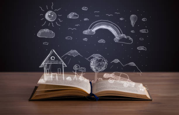 Open book with hand drawn landscape Open book with hand drawn landscape on wooden deck kids goal setting stock pictures, royalty-free photos & images
