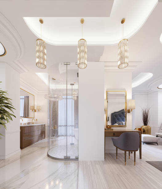 istock Modern open bathroom in guest room with bath and shower. 1087511236