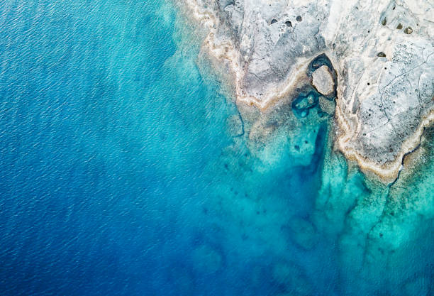 Aerial View of the Sea and Rock Sea, Reef, Rock - Object, Stone - Object, Summer aegean sea photos stock pictures, royalty-free photos & images