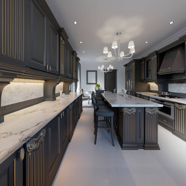 istock Classic style kitchen and dining room interior in black and white colors, 1087524266