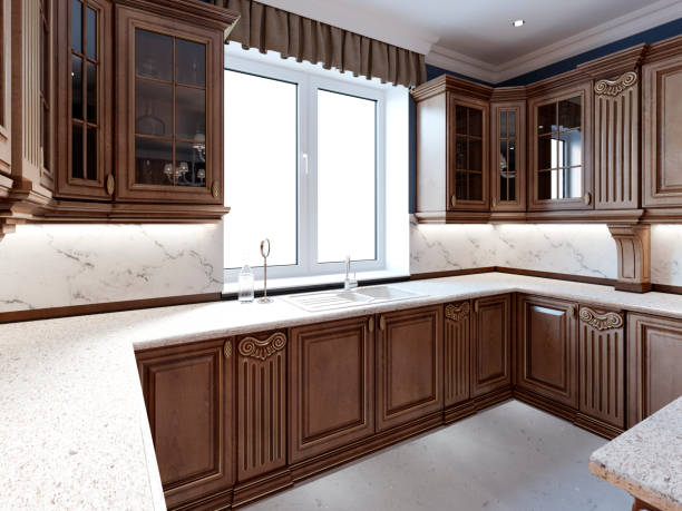 Modern kitchen room with new storage combination and appliances.