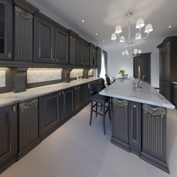 istock Classic style kitchen and dining room interior in black and white colors, 1087525114