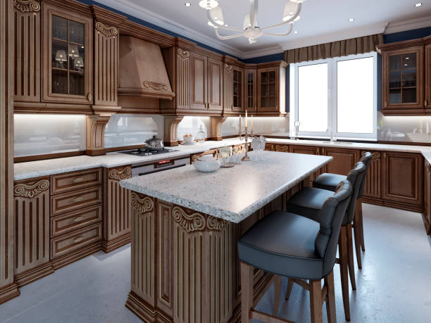 istock Kitchen with granite island and cherry wood cabinetry 1087526364