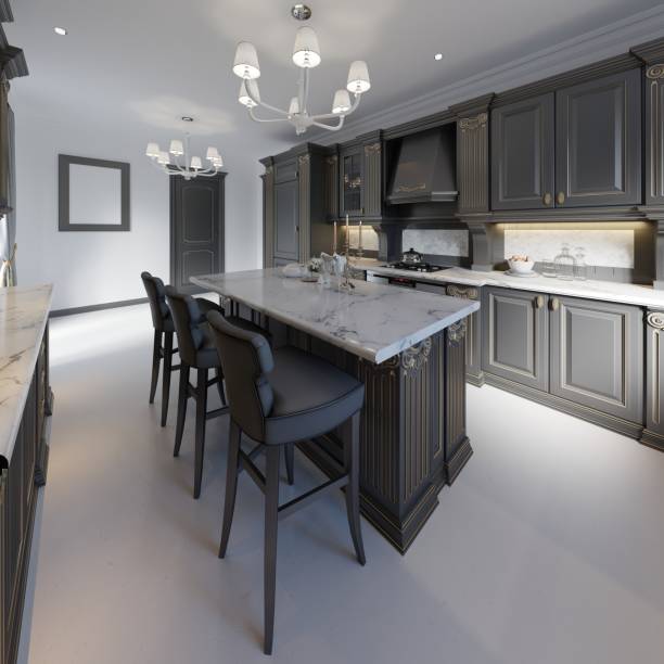 istock Kitchen island details and bar chairs. 1087526734