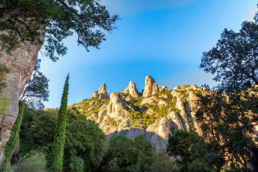 Panoramic view of Montserrat geology formations in the mountains, Barcelona, Spain