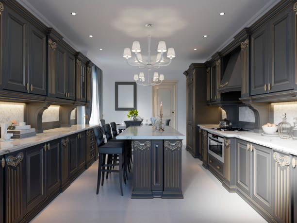 istock Modern classic kitchen design with black cabinets and white marble worktop and floor. 1087526904