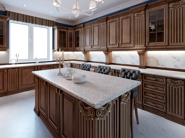 istock Kitchen with granite island and cherry wood cabinetry 1087526922