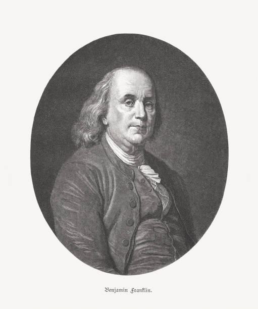 벤자민 프랭클린 (미국의 정치가, 1706-1790), 나무 조각, 1886 년에 출판 - benjamin franklin history american culture portrait stock illustrations