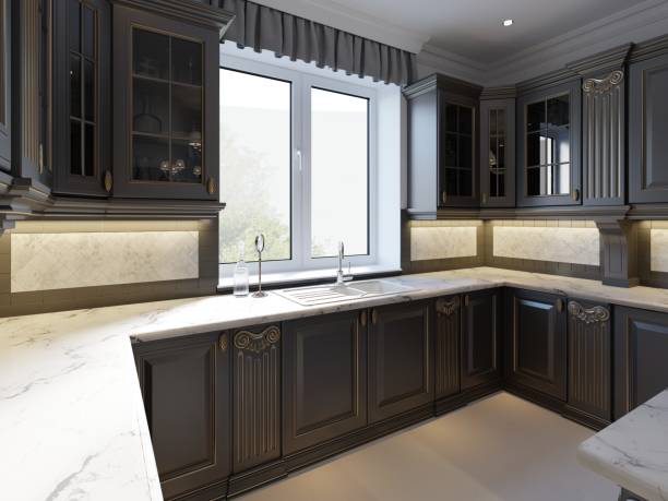 istock Modern dark wooden kitchen in classical style. 1087528668