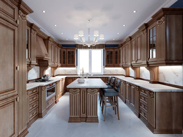 istock Luxury kitchen with tile floor, stained cabinets and marble counter top. 1087528756