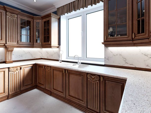 istock Classical kitchen in luxury home with oak wood cabinetry 1087528902