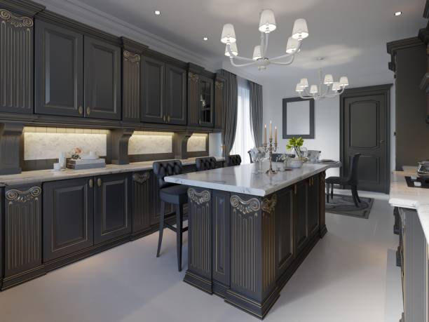 istock Modern classic kitchen design with black cabinets and white marble worktop and floor. 1087529794