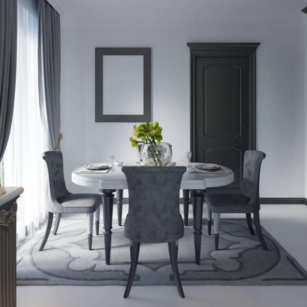 istock Dining table in classic styles on the background white wall, black furniture. 1087530180