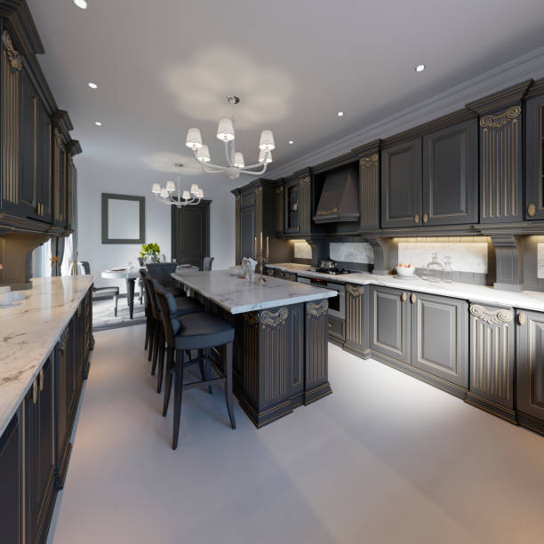istock Classic style kitchen and dining room interior in black and white colors, 1087530238
