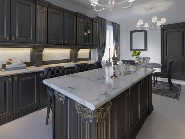 istock Black bar stools at kitchen island in bright living room. 1087531554