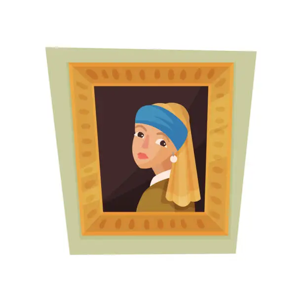 Vector illustration of Famous painting of girl with pearl earring and blue headscarf. Museum exhibit. Flat vector for promo poster