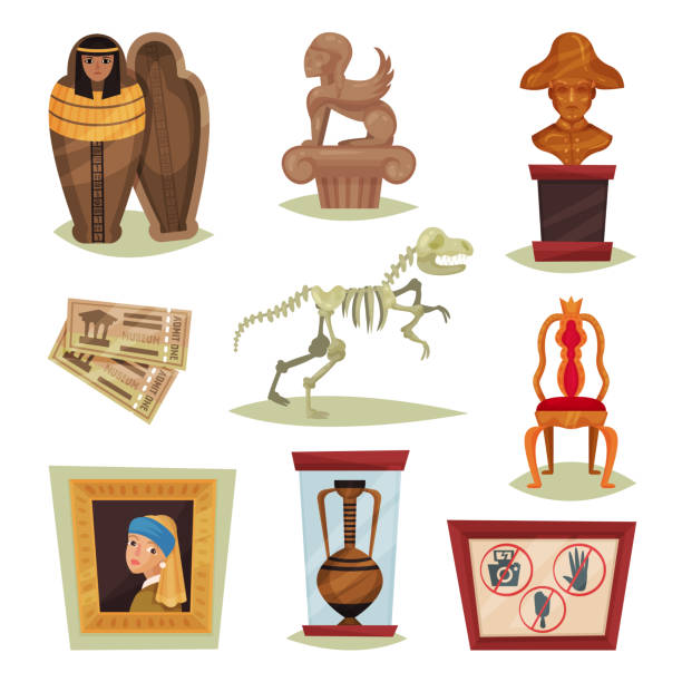 ilustrações, clipart, desenhos animados e ícones de vector plano conjunto de 9 objetos diferentes de museu. exposições de antigos, bilhetes, sinais de proibição - estátua de bronze