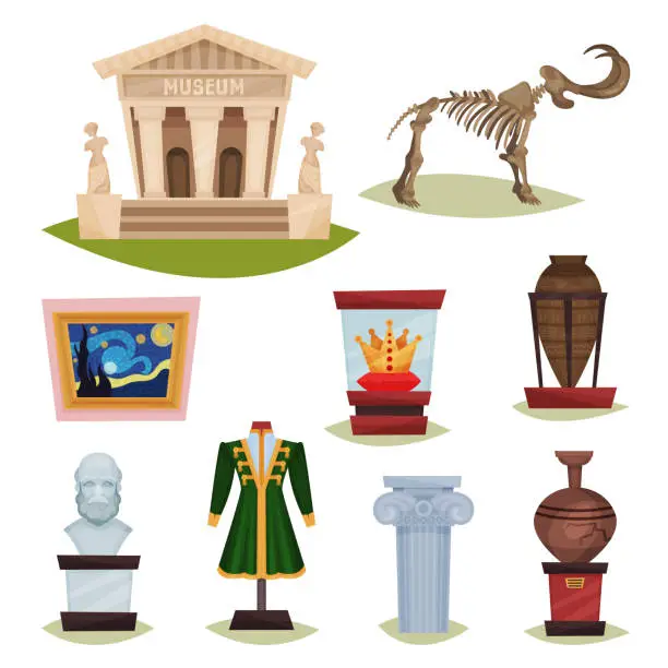 Vector illustration of Flat vector set of museum exhibits. Mammoth skeleton, ceramic vases, clothes, golden crown, famous painting and column