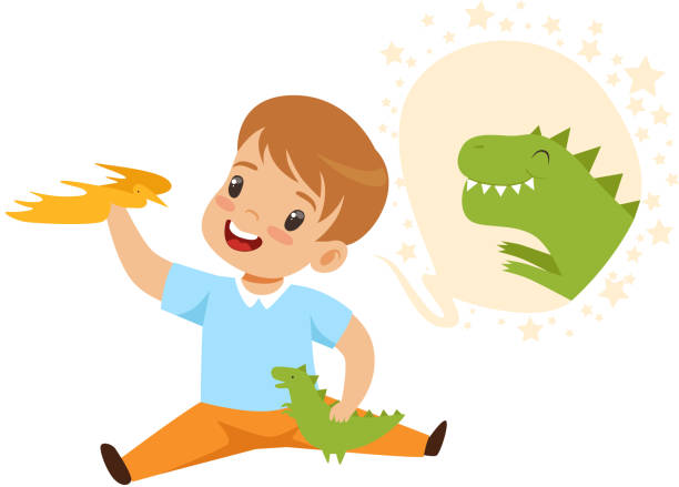 istock Cute boy playing with a toy dinosaur and dreaming, kids imagination and fantasy concept vector Illustration on a white background 1087539170