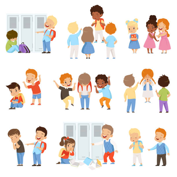 illustrazioni stock, clip art, cartoni animati e icone di tendenza di bambini che bullizzano il set dei deboli, cattivo comportamento, conflitto tra bambini, beffa e bullismo al vettore scolastico illustrazione - bullismo