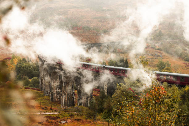 Train passing the Glenfinnan Viaduct on a rainy autumn day covers landscape in steam (Glenfinnan, Scotland) Moody autumn day in the heart of Scotland on the track to the Isle of Skye glenfinnan monument stock pictures, royalty-free photos & images