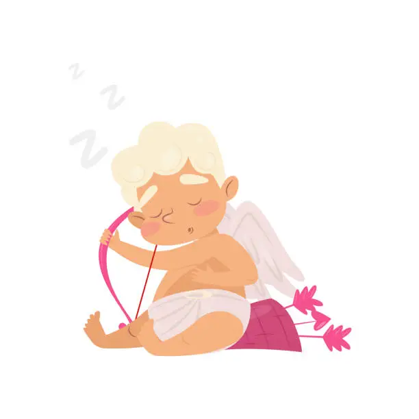 Vector illustration of Cute sleeping angel. Cartoon character of baby boy with pink bow and arrows. Cupid with little wings. Flat vector design