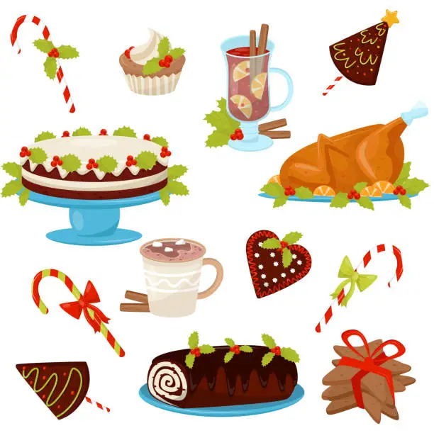Vector illustration of Flat vector set of traditional Christmas food and drinks. Tasty chicken for holiday dinner. Delicious desserts and hot beverages