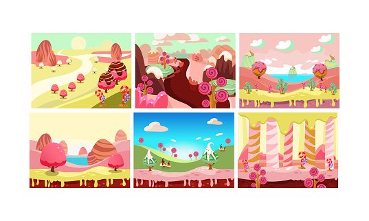 Candy land, bright sweet fantasy landscape elements vector Illustration isolated on a white background.