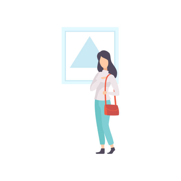 istock Female exhibition visitor viewing modern abstract painting at art gallery vector Illustration on a white background 1087546474