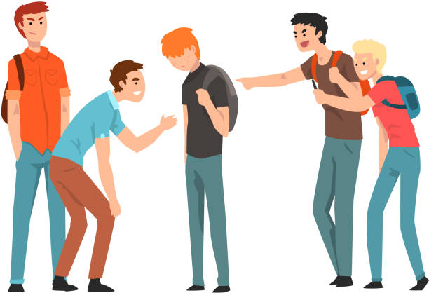 ilustrações de stock, clip art, desenhos animados e ícones de teen students laughing and pointing at boy, conflict between teenagers, mockery and bullying at school vector illustration on a white background - mockery