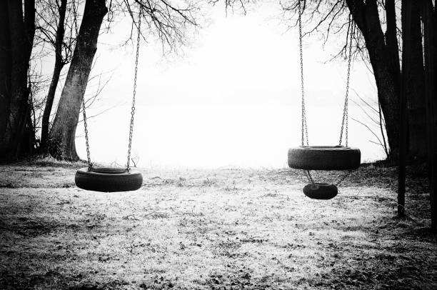 Dark , artistic image of two abandoned tire swings in the winter, black and white.